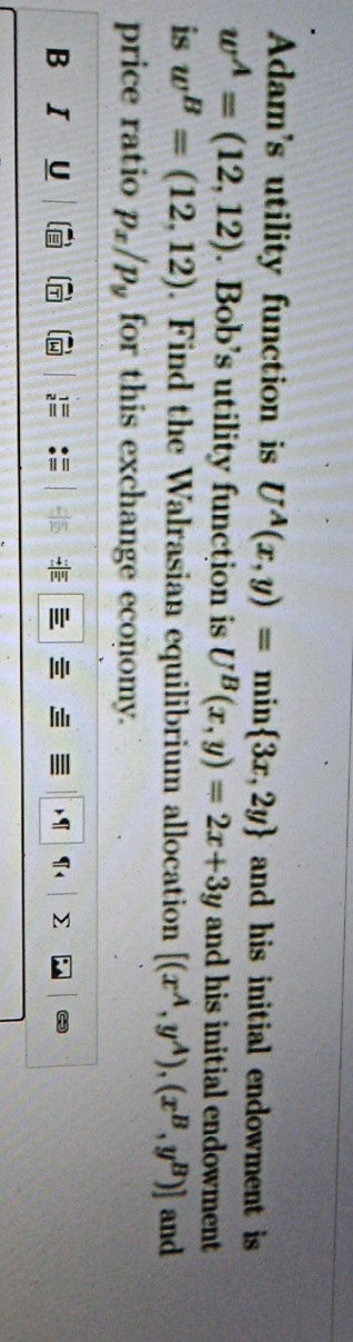 min(3r, 2y} and his initial endowment is wa = (12, 12). Bob's