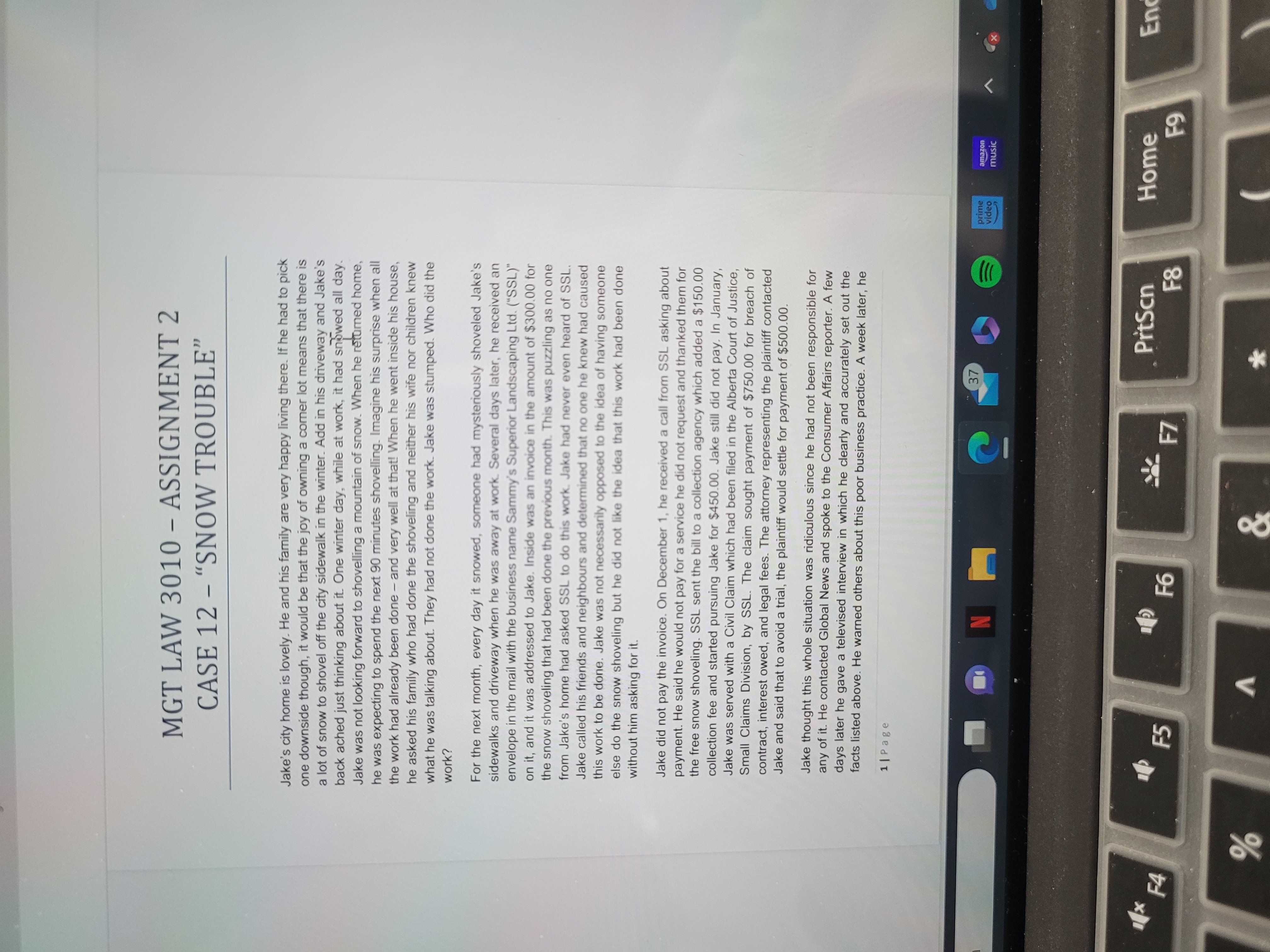  MGT LAW 3010 - ASSIGNMENT 2 CASE 12 - "SNOW TROUBLE"