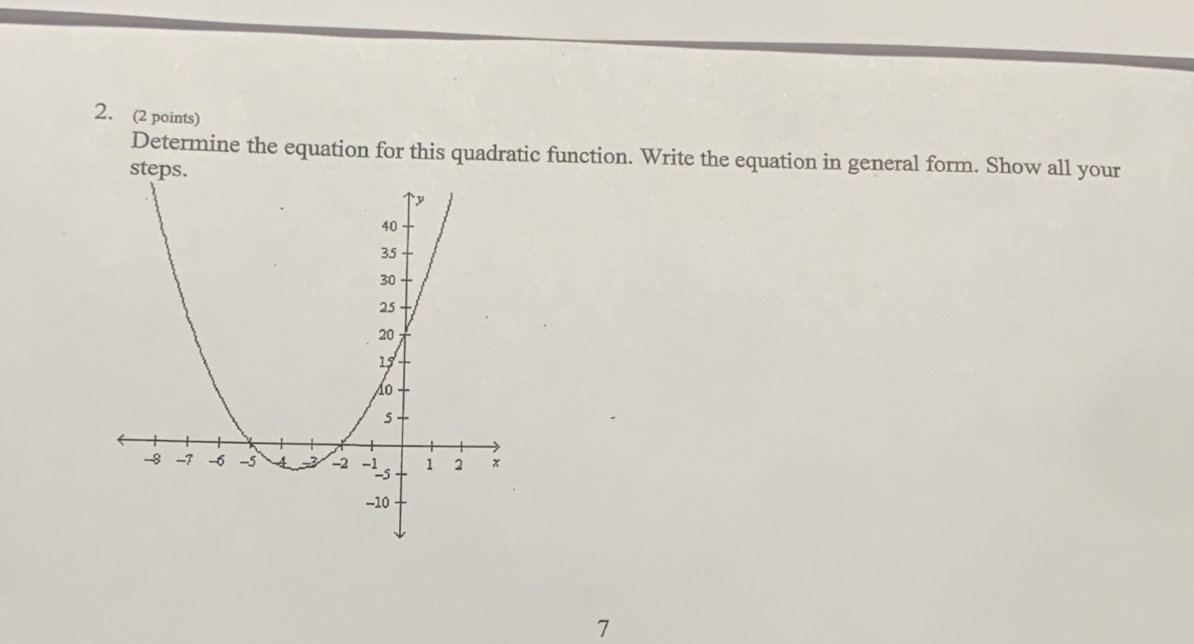  2. (2 points) Determine the equation for this quadratic function. Write