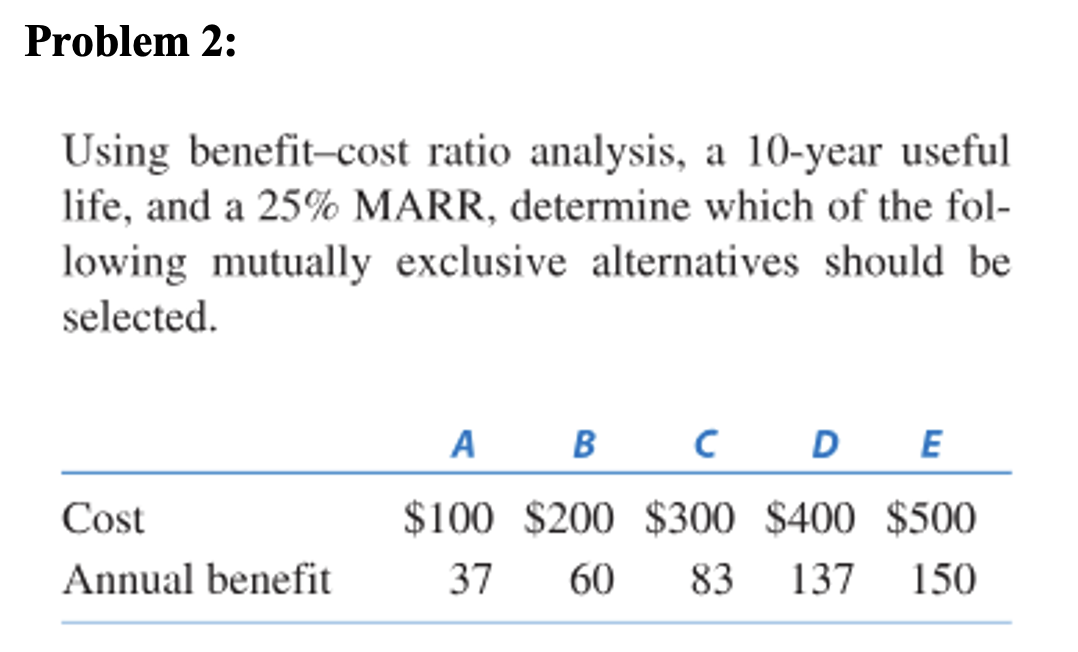a 25% MARR, determine which of the fol- lowing mutually exclusive alternatives