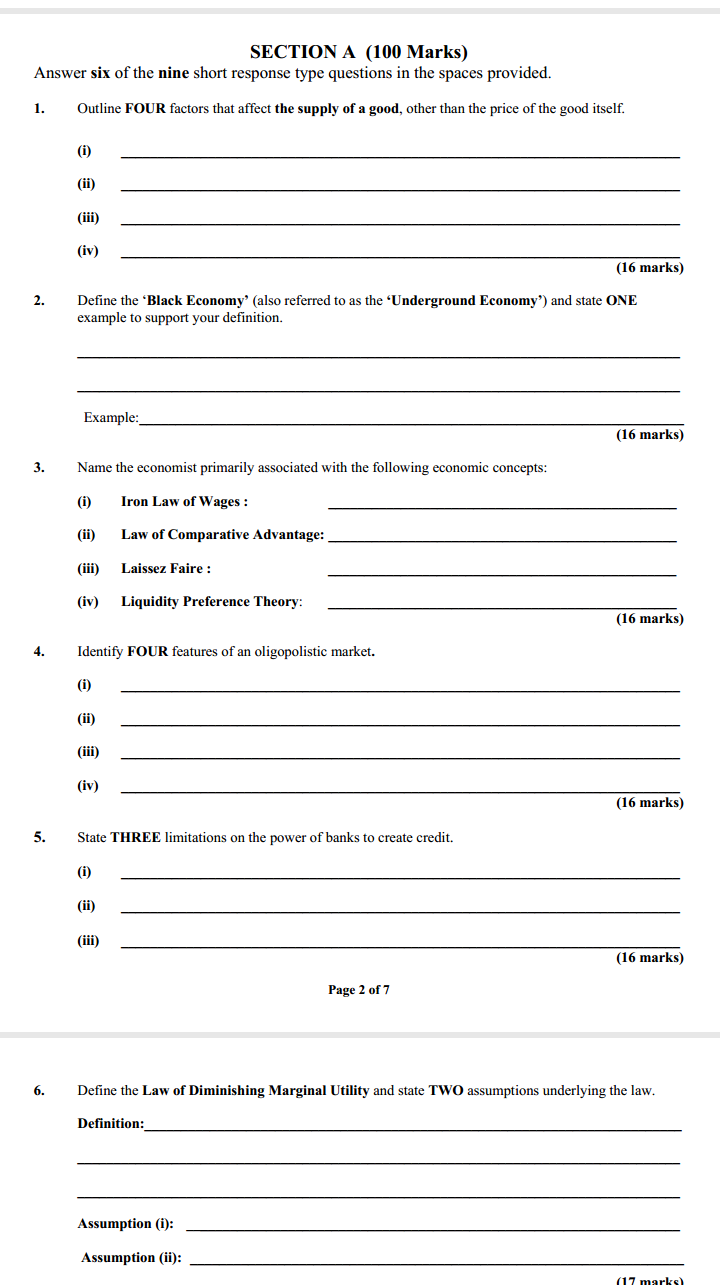 six of the nine short response type questions in the spaces provided.