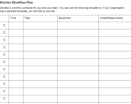  Kitchen Workflow Plan Develop a workflow schedule for you and your
