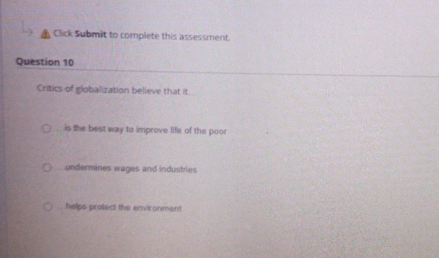 answer this question Click Submit to complete this assessment. Question 10