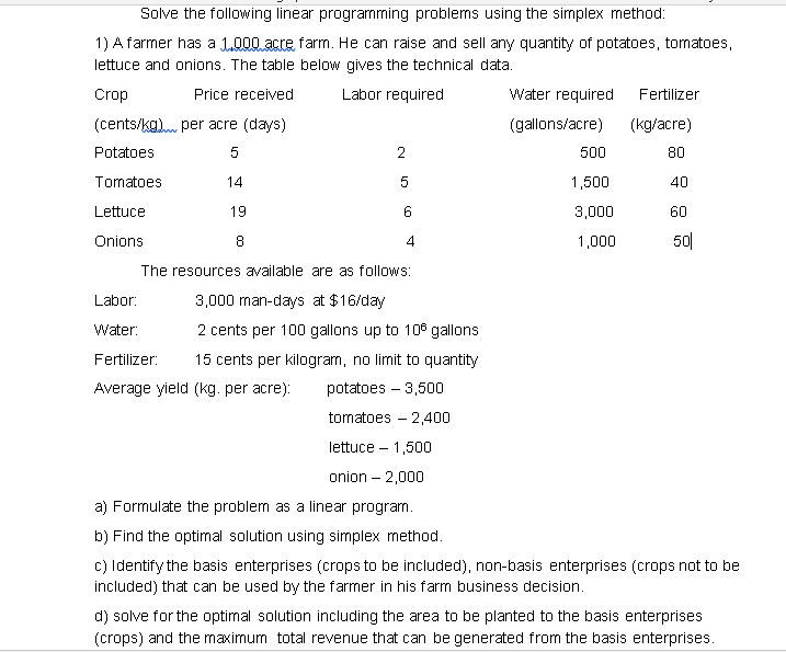 potatoes, tomatoes, lettuce and Crop (cents/ Potatoes Tornatoes Lettuce On*ns The Labor: