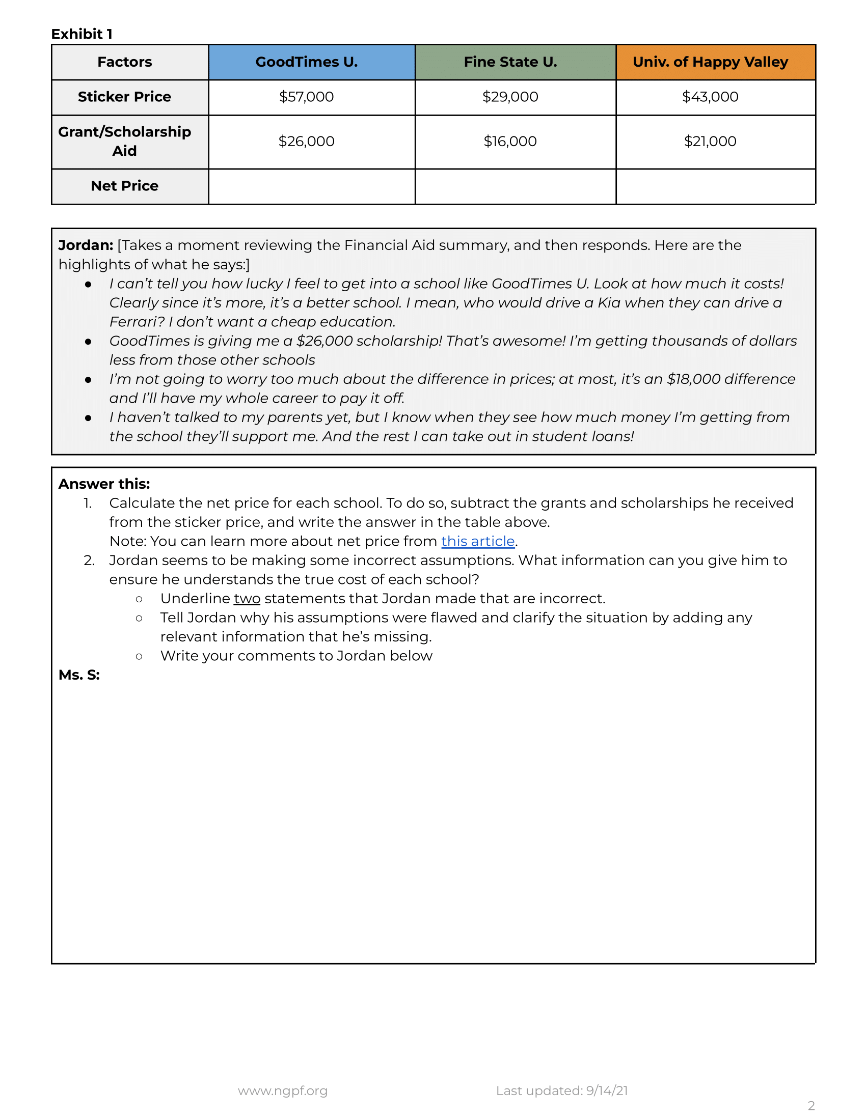 Case Study, students assume the role of a guidance counselor to help