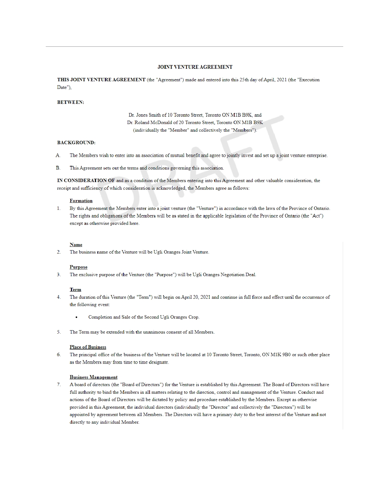 How can be legality and intention defined from attached contract ?