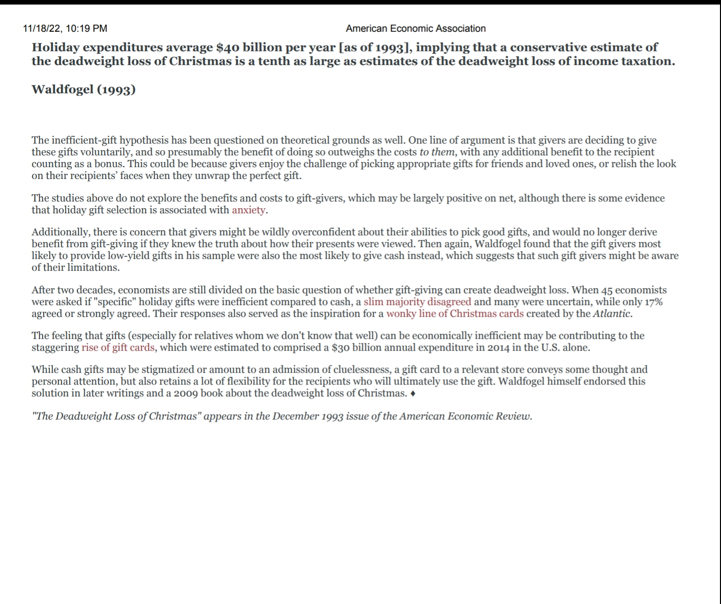 deadweight loss of gift-giving: HHS/22, 10:19 PM American Economic Association December 28,