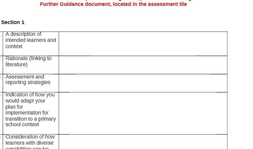  Further Guidance document, located in the assessment tile Section 1 A