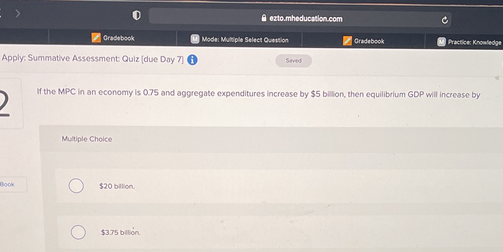  A ezto.mheducation.com C Gradebook M Mode: Multiple Select Question Gradebook M