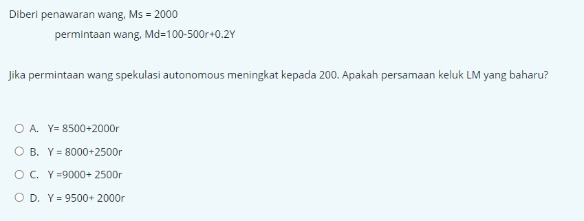 Diberi penawaran wang, Ms = 2000 permintaan wang, Jika permintaan wang spekulasi