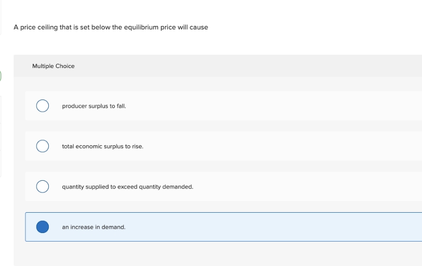 below the equilibrium price will cause Multiple Choice O producer surplus to