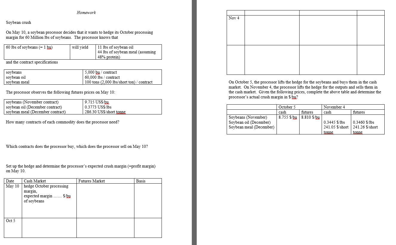 Ho mework Soybean crush On May 10, a soybean processor decides that