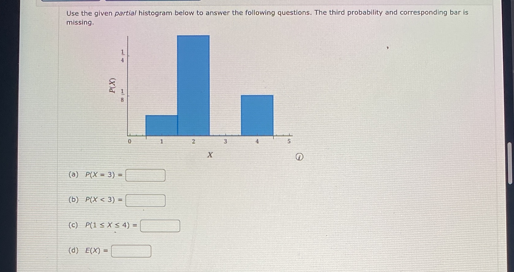 The third probability and corresponding bar is missing. P(X) 2 3 X