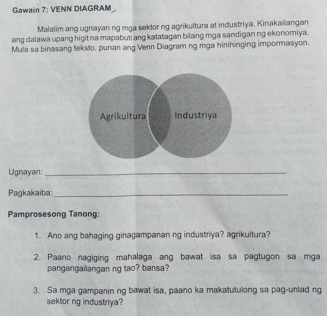 Gawain 7: VENN DIAGRAM Malalim ang ugnayan ng mga sektor ng agrikultura
