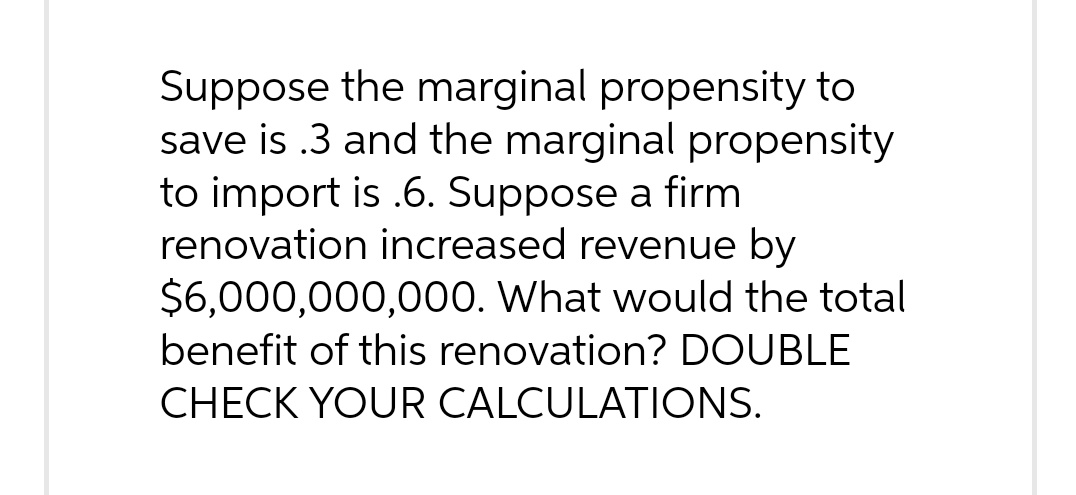 send me typed answer!! Suppose the marginal propensity to save is .3