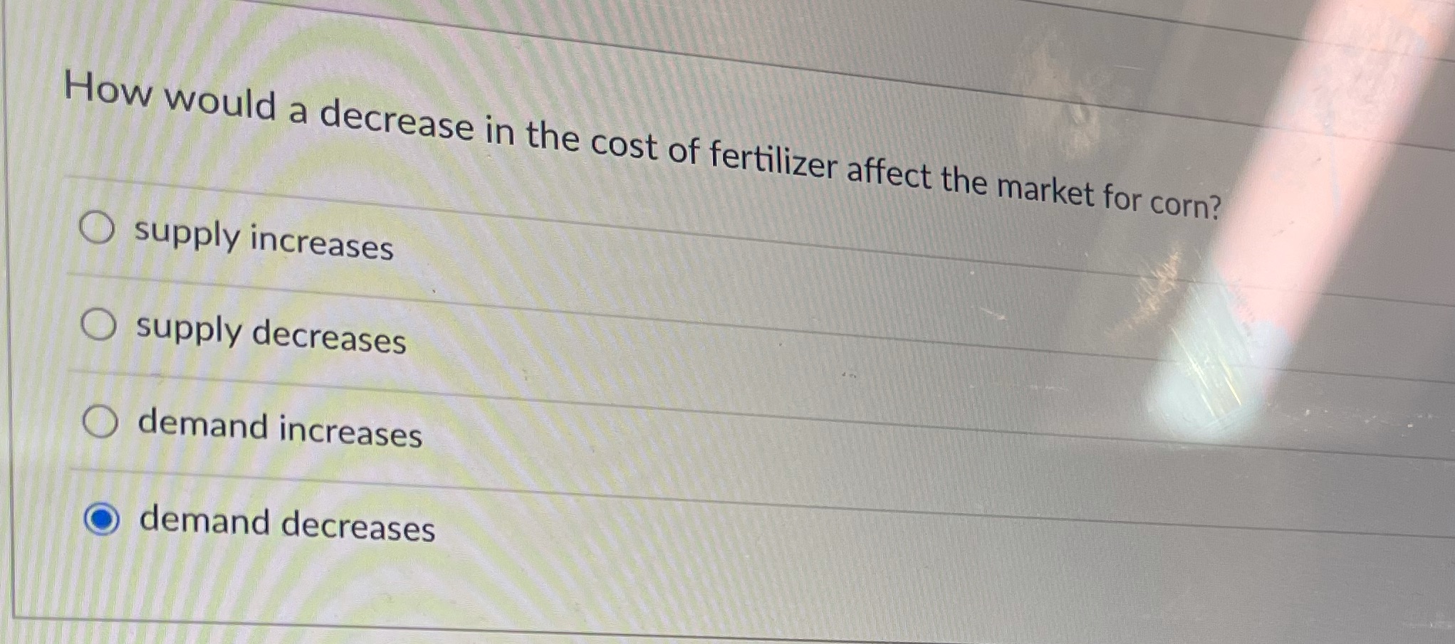  How would a decrease in the cost of fertilizer affect the