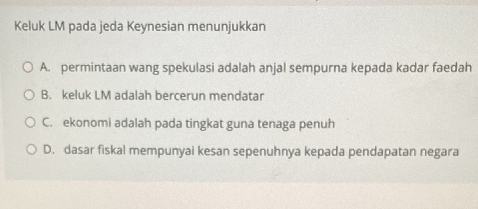 Keluk LM pada jeda Keynesian menunjukkan permintaan wang spekulasi adalah anjal sempurna