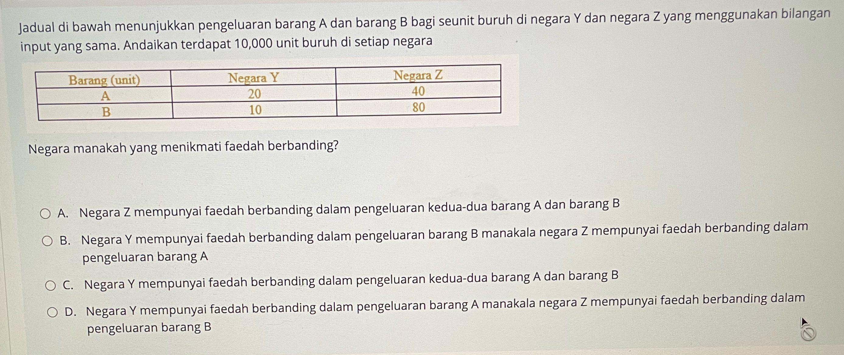 buruh di negara Y dan negara Z yang menggunakan bilangan input yang