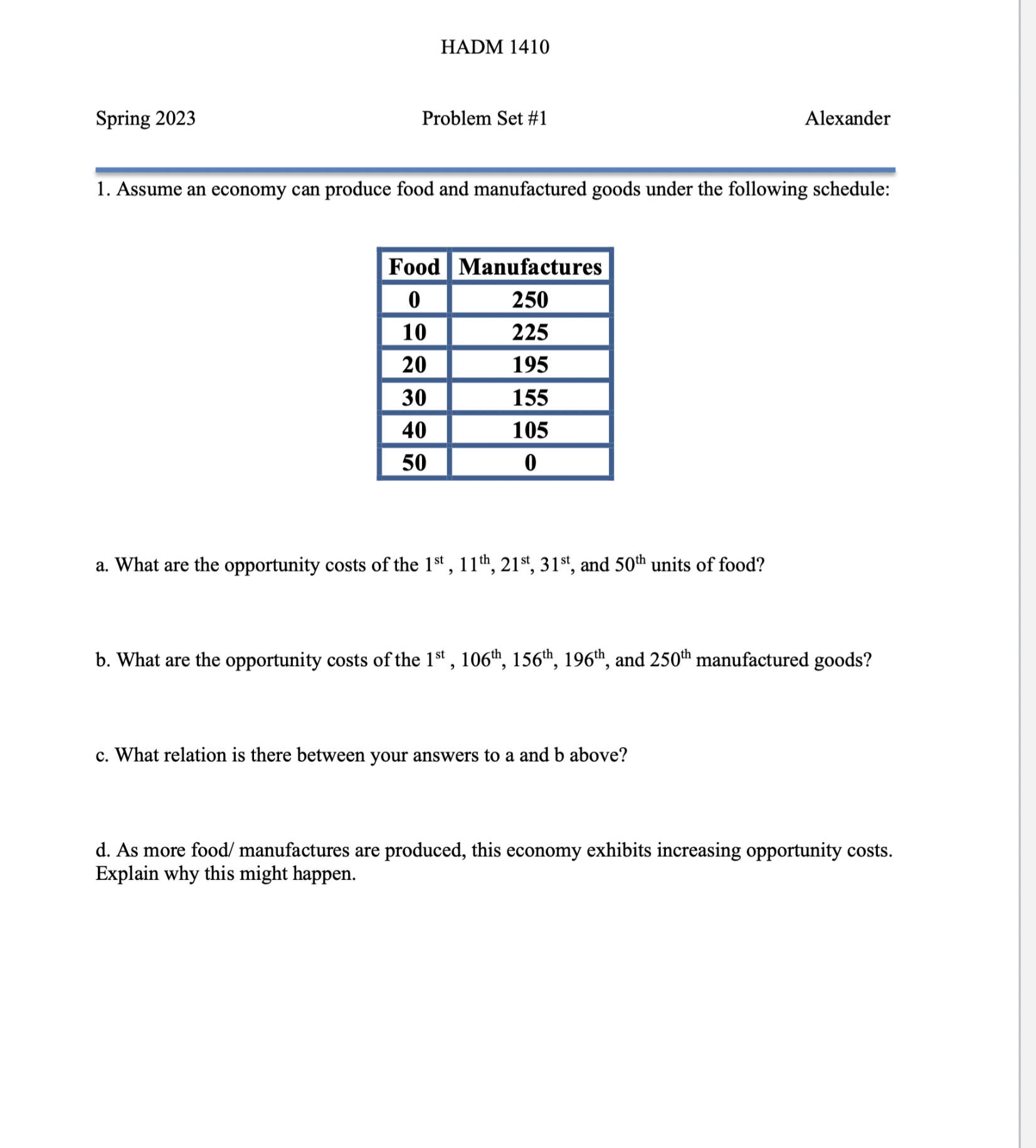  HADM 1410 Spring 2023 Problem Set #1 Alexander 1. Assume an