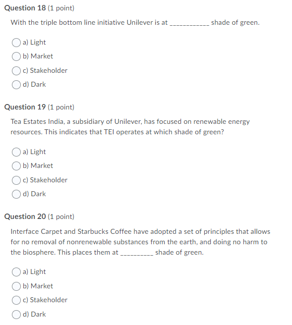 shade of green? (a) Light ( b) Market O c) Stakeholder O