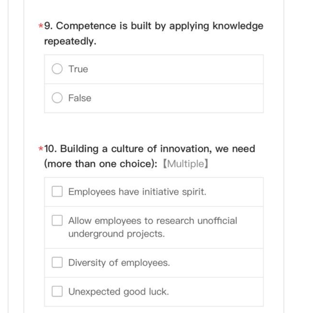 *9. Competence is built by applying knowledge repeatedly. O True O