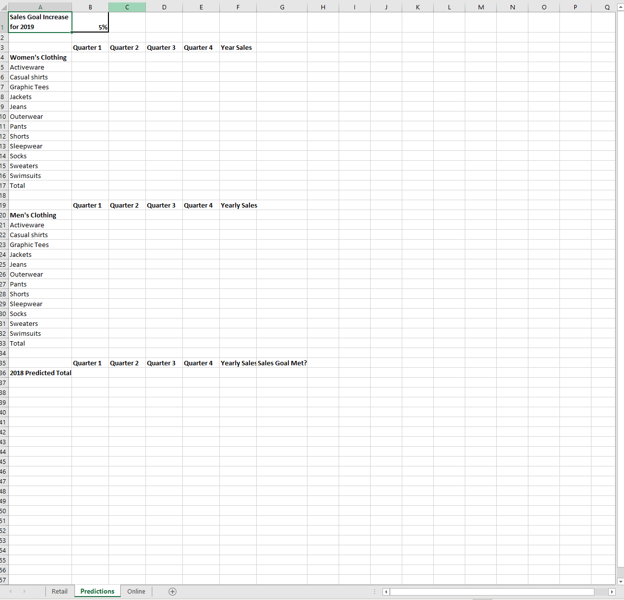 In cells B33:E33 calculate the quarterly sales totals for the men's clothing