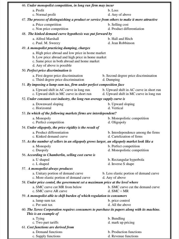 Answer will be appreciated please 46. Under monopolist competition, in long