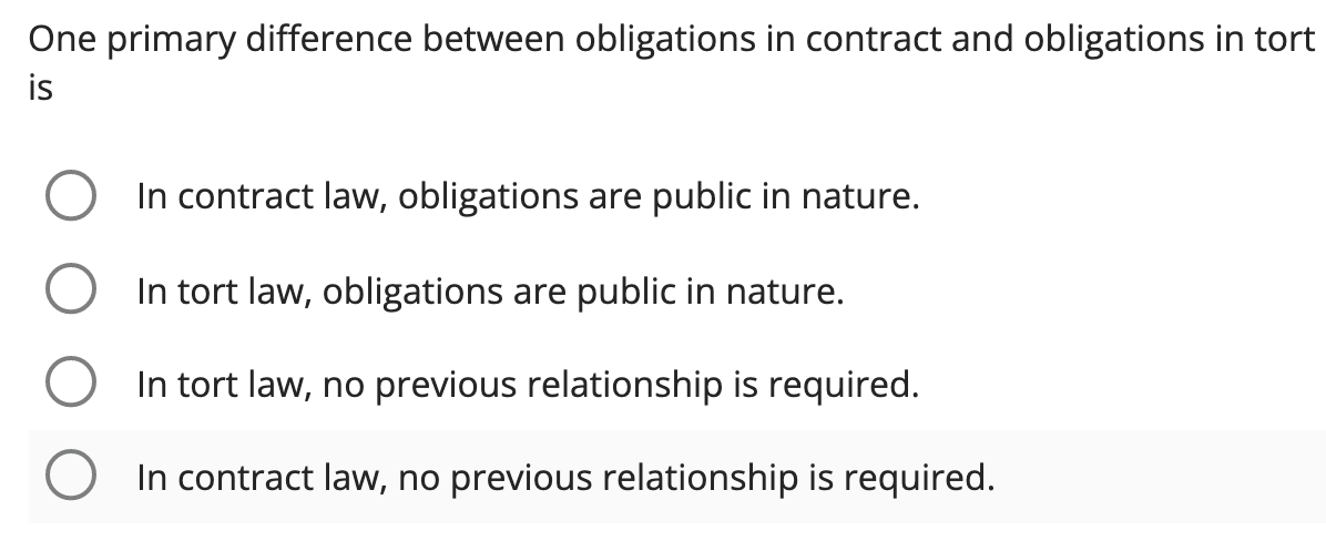 is O In contract law, obligations are public in nature. 0 In