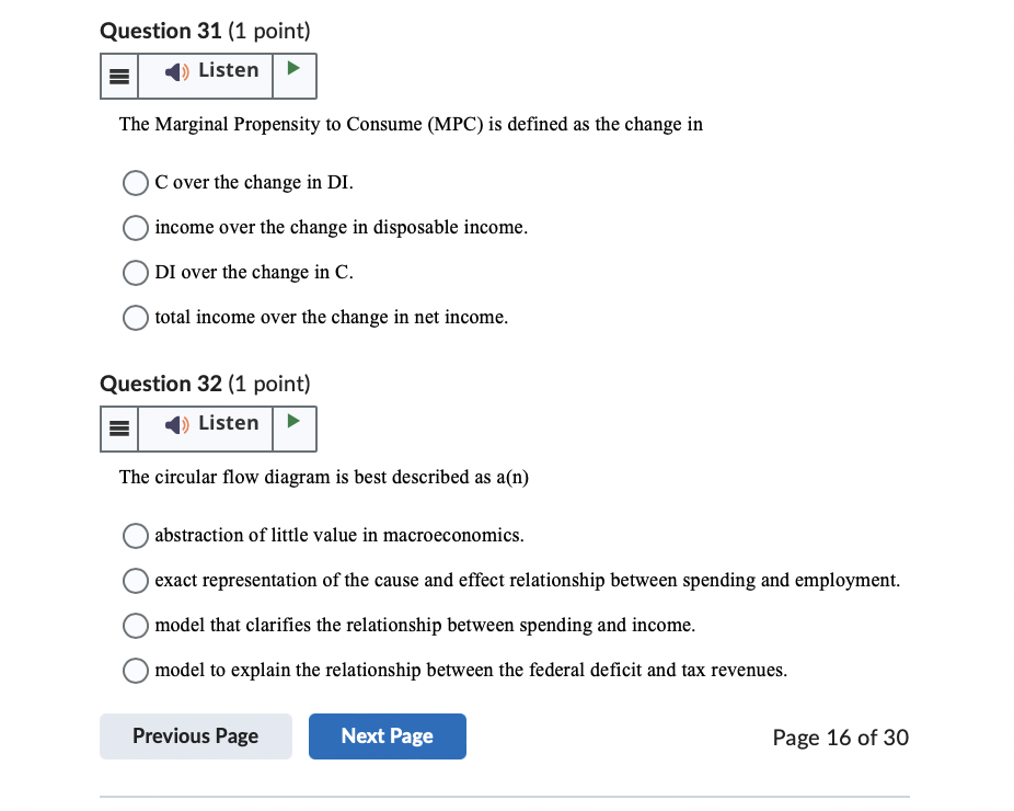  Question 31 (1 point) () Listen The Marginal Propensity to Consume