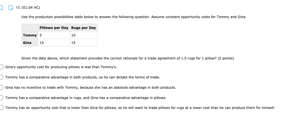 lower than Gina for pillows, so he will want to trade pillows