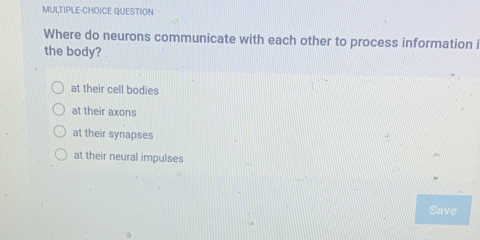 information i the body? O at their cell bodies at their axons