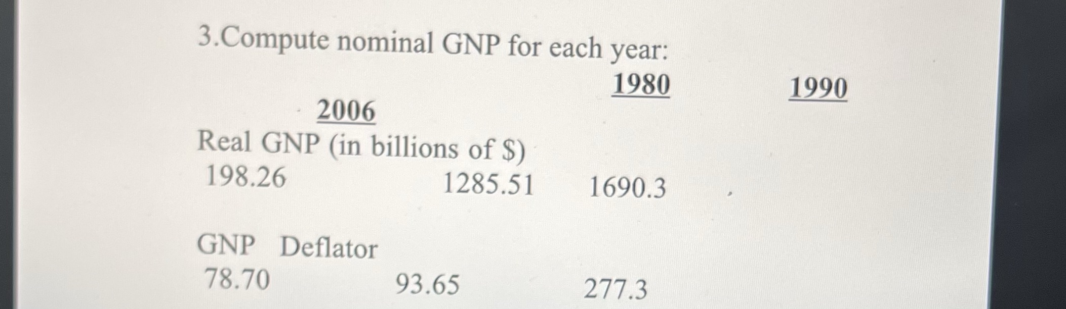 3.Compute nominal GNP for each year: 1990 2006 Real GNP (in billions