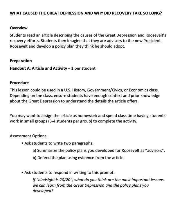  reference: https://www.crf-usa.org/images/t2t/pdf/GreatDepressionandRecovery.pdfrequired:1- answer all question (assessment options, a plan for the