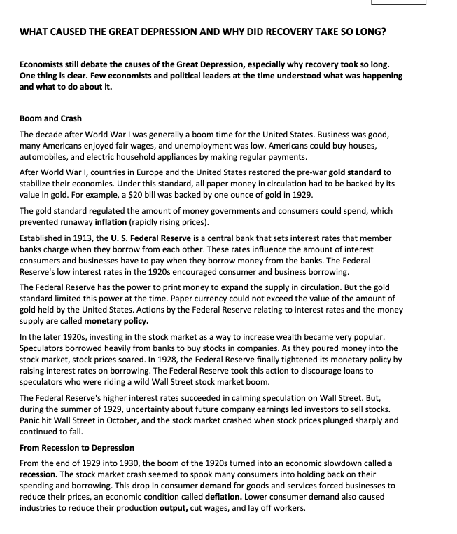 recovery)2- summarize each tittle in article WHAT CAUSED THE GREAT DEPRESSION AND