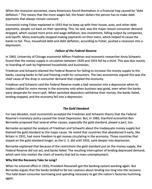 the causes of the Great Depression and Roosevelt's recovery efforts. Students then
