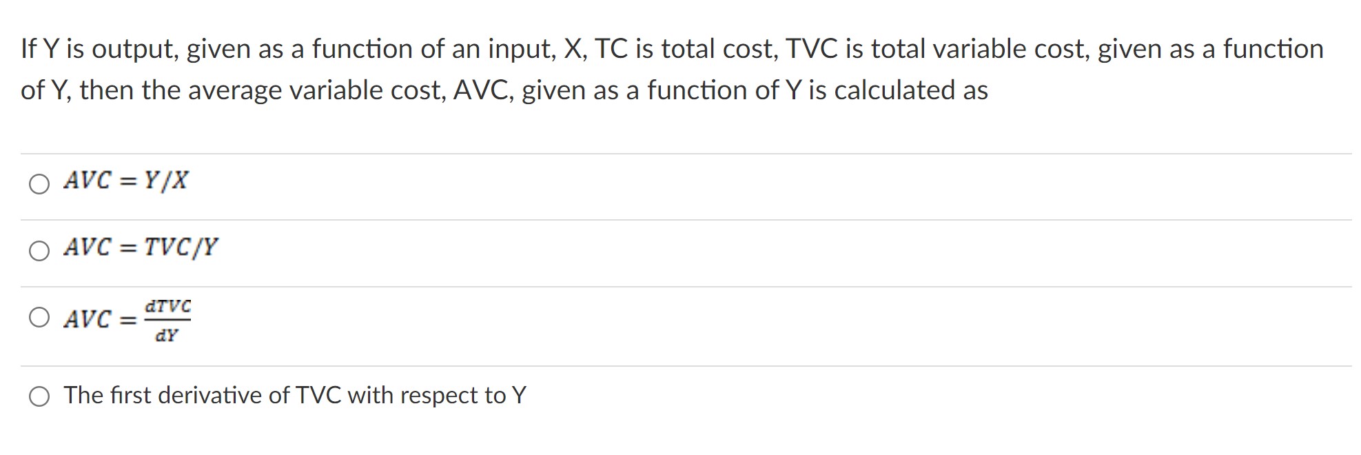 X, TC is total cost, TVC is total variable cost, given as