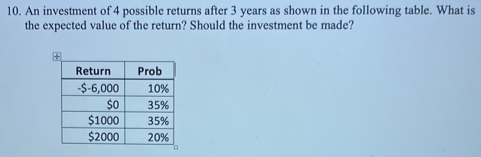 is legible. 10. An investment of 4 possible returns after 3 years