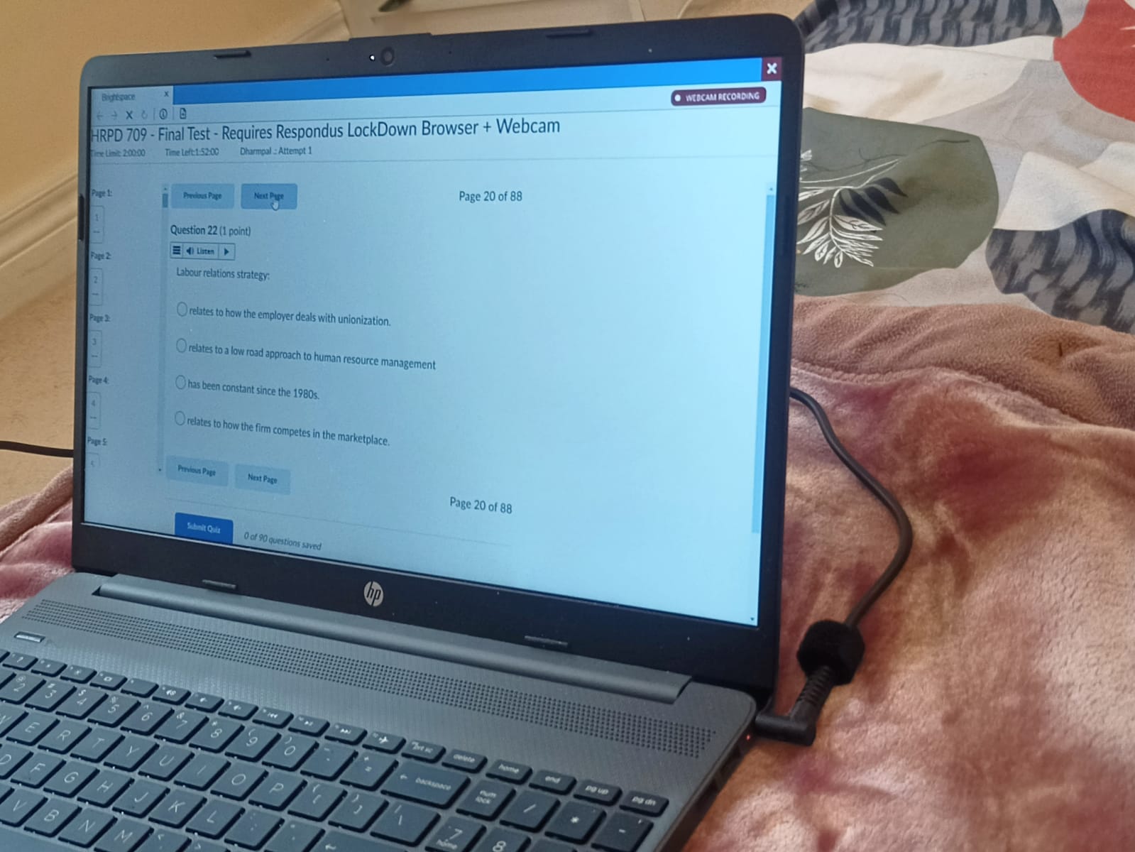 Requires Respondus LockDown Browser + Webcam Time Left-1:52:06 Dharmpal _ Attempt 1