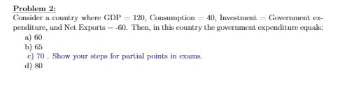 10, Investment = Government ex- penditure, and Net Exports =-60. Then, in