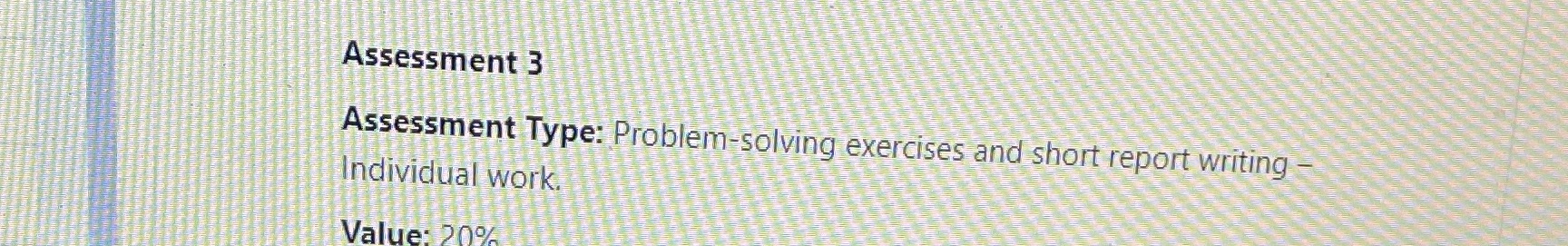 Assessment 3 Assessment Type: Problem-solving exercises and short report writing - Individual