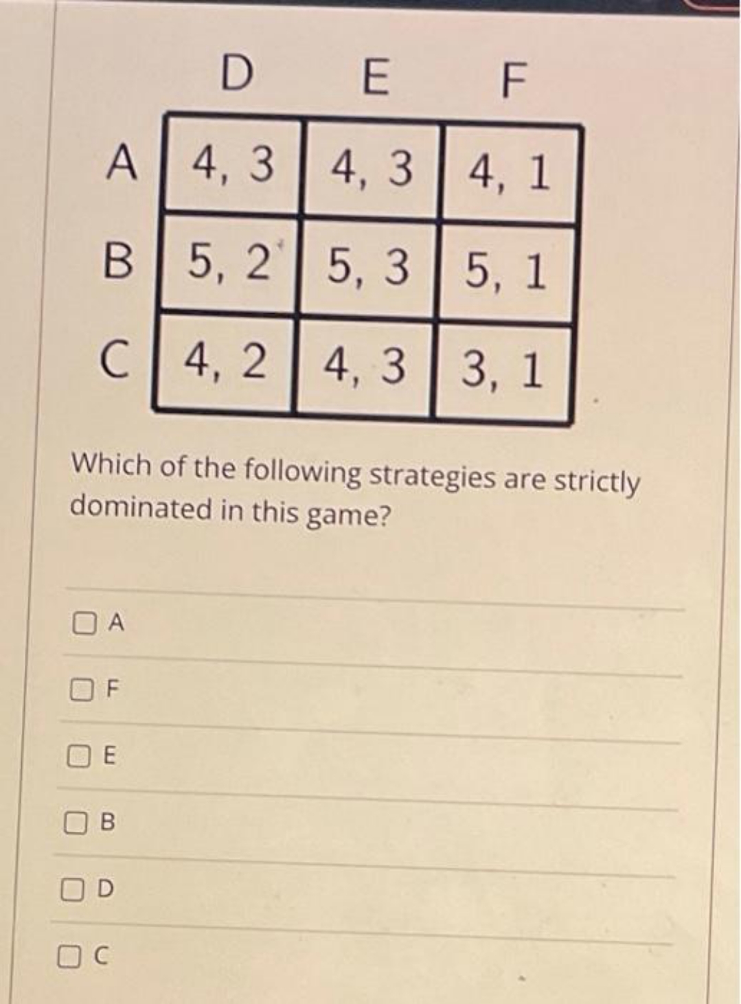 1 B 5, 2 5, 3 5, 1 C 4, 2 4,