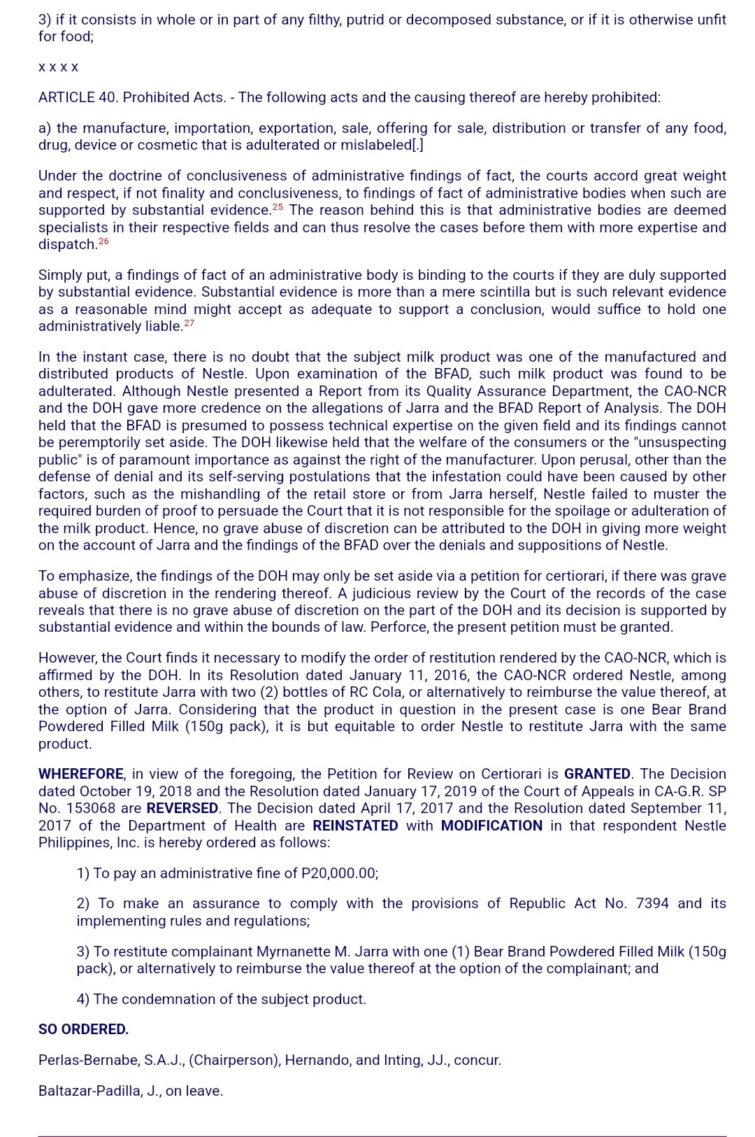 is otherwise unt for food; xxxx ARTICLE 40. Prohibited Acts. - The