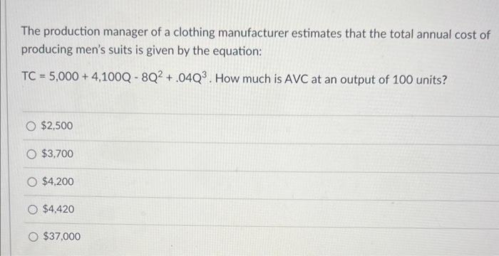 cost of producing men's suits is given by the equation: TC =