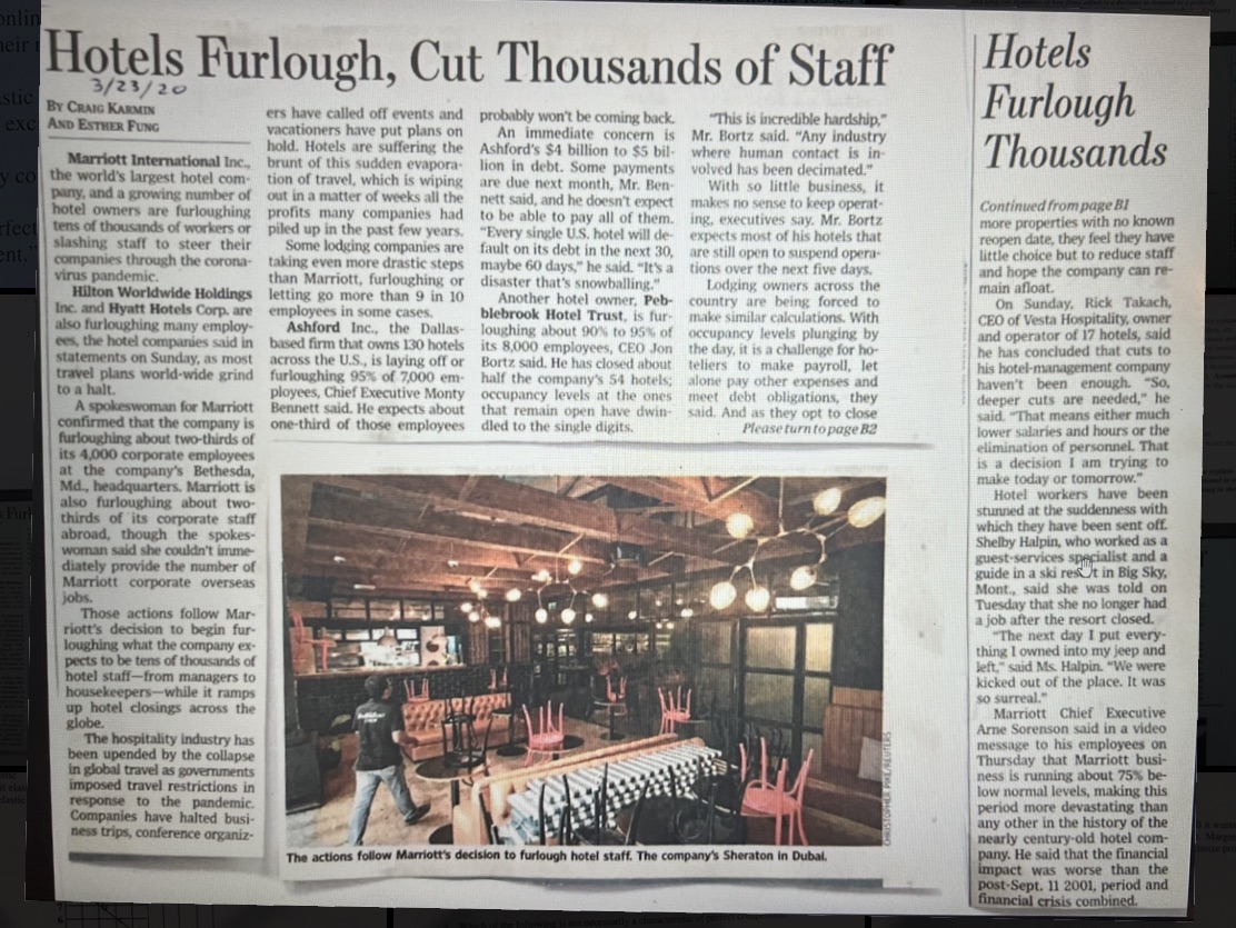 Hotels stic 3/23/ 20 BY CRAIG KARMIN Furlough exc AND ESTHER FUNG