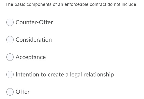  The basic components of an enforceable contract do not include 0