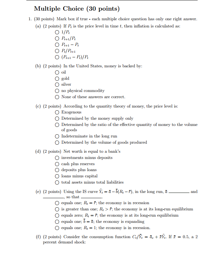 Work out the following Multiple Choice (30 points) 1. (30 points)