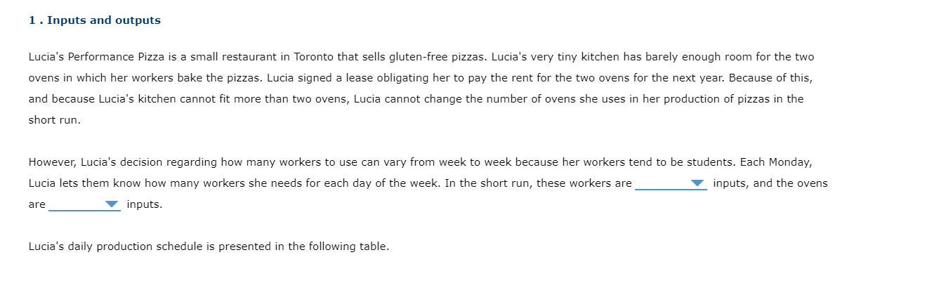  1 . Inputs and outputs Lucia's Performance Pizza is a small