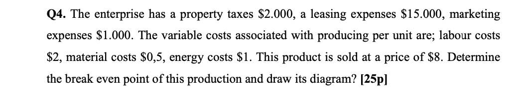 taxes $2.000, a leasing expenses $15.000, marketing expenses $1.000. The variable costs