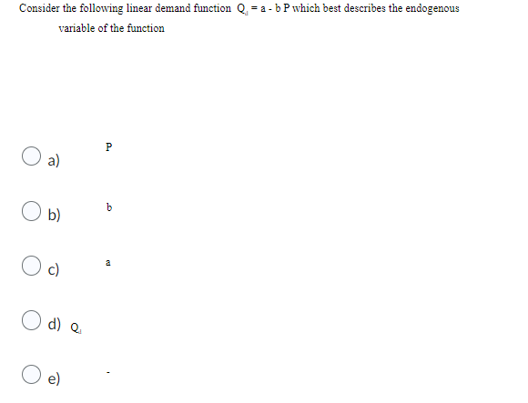  Consider the following linear demand function Q = a - b