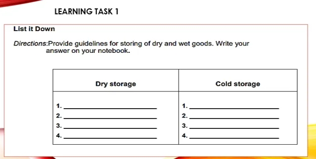 LEARNING TASK 1 List it Down Directions:Provide guidelines for storing of